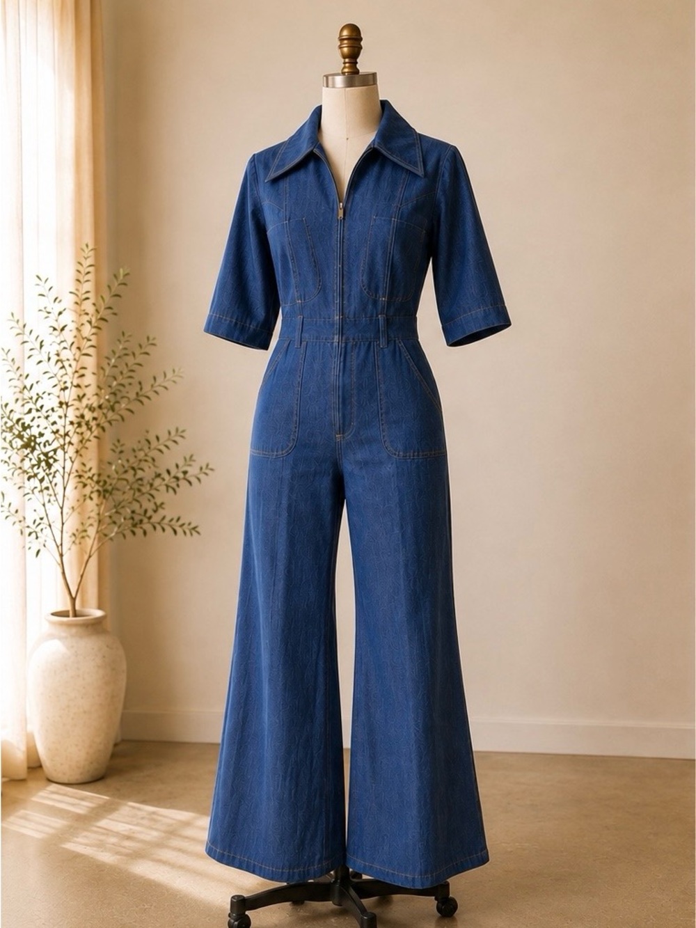 Vintage 70s Mary Muffet Denim Jumpsuit Wide Leg Belted Blue Boho Disco S M - Picture 2 of 10